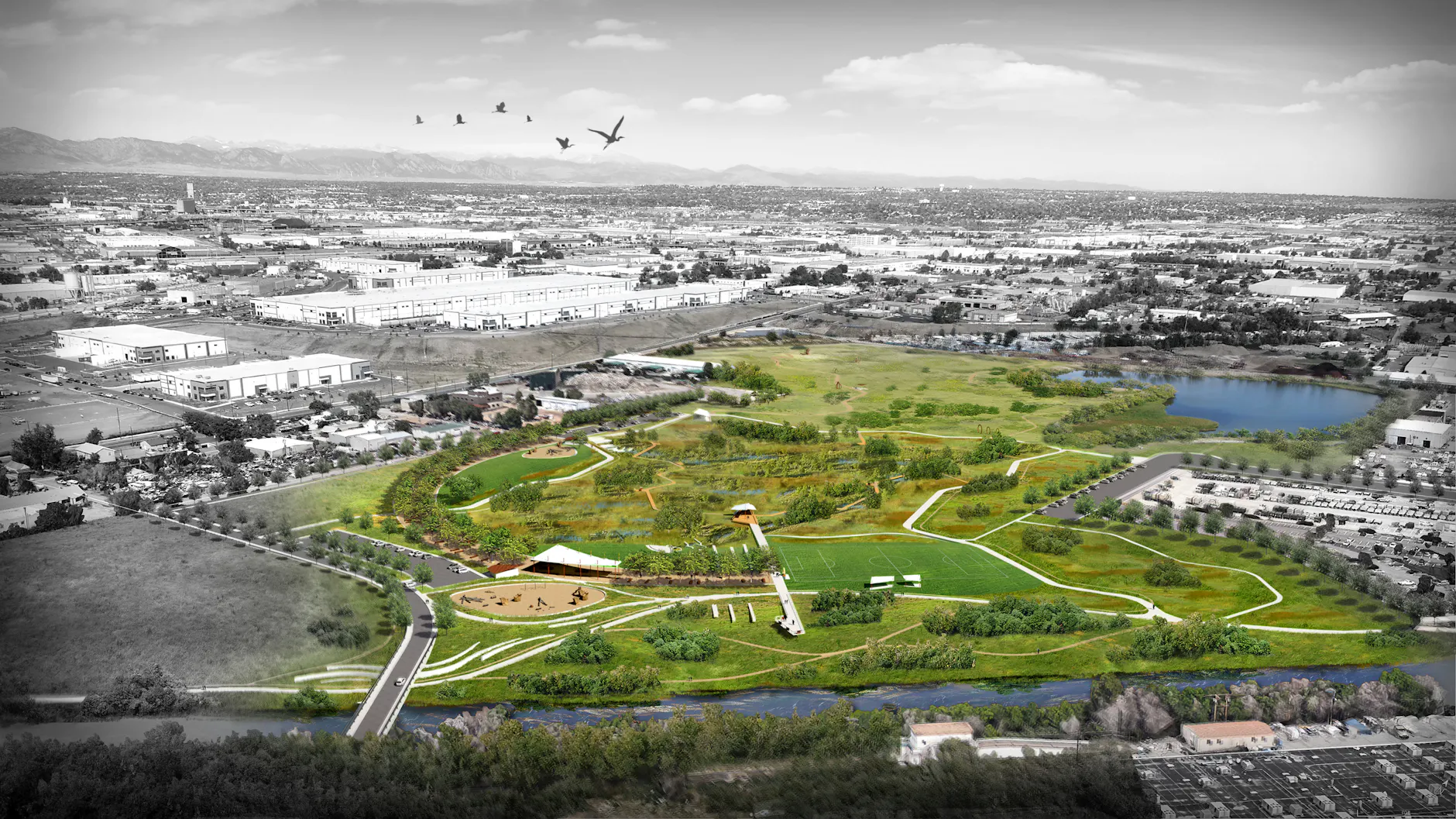 A layered framework of ecology, recreation, and culture transforms the site into a connected park system.