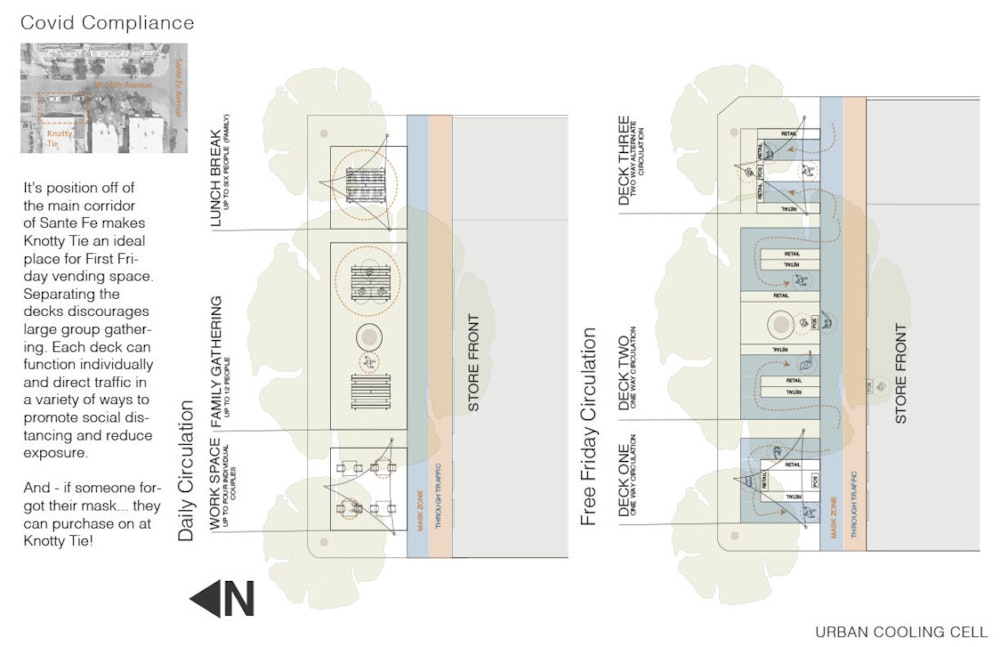 Circulation and furniture layouts are shown changing weekdays and First Friday events to better accommodate physical distancing.Blair Caldwell African American Research Library. Cameron and Tyler Londono proposed an urban roof garden and parking lot flex space at the library to serve as a community hub. This idea proposed urban greening interventions in a neighborhood with only 18% tree coverage, and movable planters allow easy transformation of the parking lot to host eventsCrush Cubes: North Larimer in Color. This concept transforms a block of Larimer near Central Market to a one-lane street with a bike lane, expanding the pedestrian zone to provide flexible gathering space. Vegetable planters provide produce for nearby restaurants. Cubes of varying sizes serve as seating, tables, planters, and pay homage to the neighborhood ‘Crush’ festival with custom art. Espalier trellises provide shade and create intimate spaces to gather.Life, Liberty and Greenspaces at TAXI Campus. Green space is increased off the right of way at the TAXI campus by expanding a permanent outdoor dining area and green space into a parking lot. Vegetable beds, arbors and pergolas support food production and a green roof is proposed.Modular Market – South Pearl. A modular system provides a kit-of-parts to serve as a framework for the delineation of space to support nearby businesses and provide spatial cues for physical distancing. Pocket parks and garden beds can be integrated into the system to provide temporary greening measures.Allegro Coffee Roaster Streetscape, Highlands Neighborhood. This concept uses a six-foot hexagon as a key design element throughout to guide social distancing. With the closing of Tennyson Street, business expands on to expanded sidewalks. The street is redesigned with 6’ hexagonal pavers placed over silva cells to accommodate planting beds and trees that also serve as a stormwater function. A 2-way bike lane is introduced in the center of the street and an orchard is installed on the roof of the business.The Storm Lane – Down Pours Coffee, S. Pearl St., Denver. The street is redesigned to capture and repurpose stormwater. A Gutter Bed will filter 64,000 gallons of stormwater per year. A seating area serves a secondary purpose for water retention. Outdoor seating and gathering is expanded through a lane closure on Pearl Street, and Sani Swings can be checked out and connected to a custom shade awning