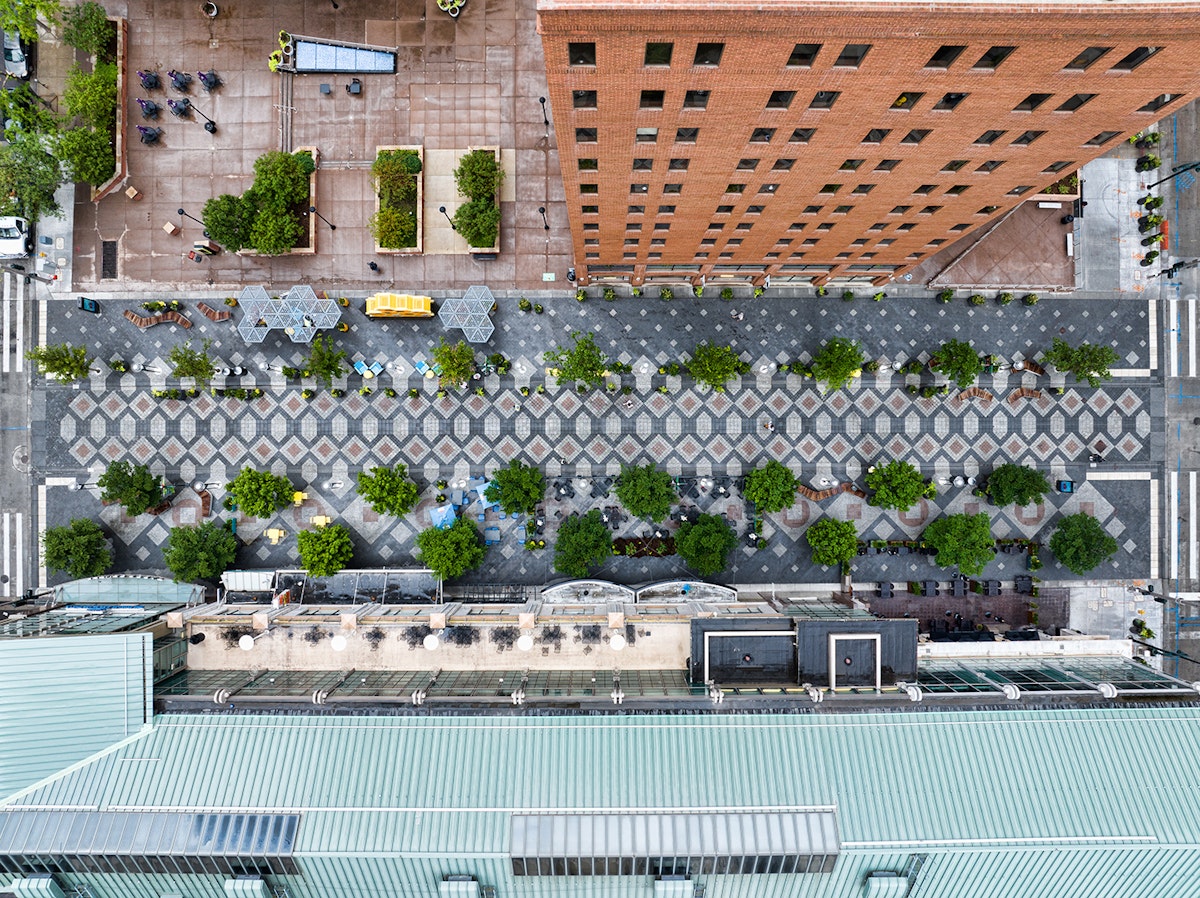 A dynamic interplay of trees and textured paving defines