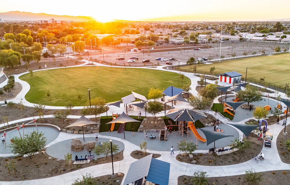 Heroes Regional Park: More than 800 trees, stormwater capture, and reclaimed water work together to support cooling and recreation