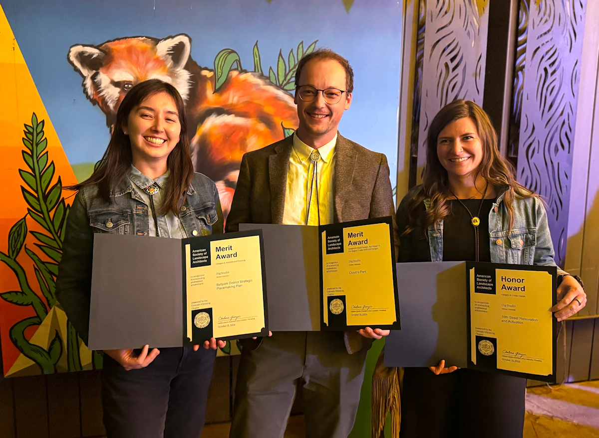 Dig Studio team members celebrate the office's three award wins: 16th Street Renovation, Cloud 9 Park, and Ballpark District Strategic Placemaking Plan.