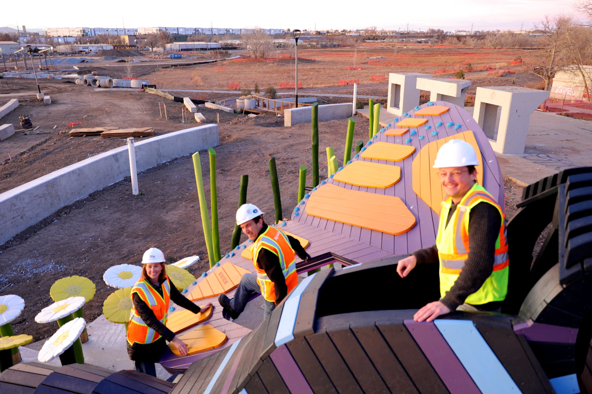 In progress: a vibrant play environment emerges, blending art, nature, and play into a one-of-a-kind landscape experience.